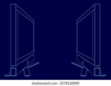 Two computer monitors are shown side by side. The monitors are blue and are positioned in front of a wall. Concept of technology and modernity