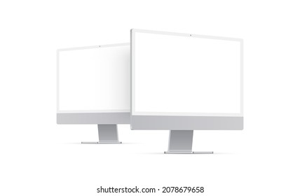 Two Computer Monitors Silver Mockups, Perspective Side View. Vector Illustration