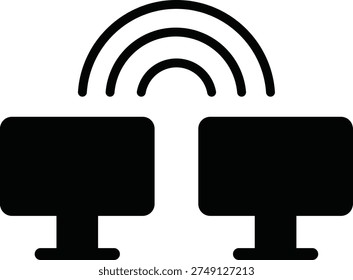 Two computer monitors with wireless connection symbol above them in simple graphic design