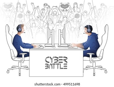 Two computer players sitting at the table opposite each other with a crowd of cheering fans on the background. Side view. Coloring book page design for adults and kids.