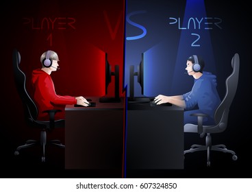 Two computer players sitting at the table opposite each other. Side view. Vector participants of cyber sport tournament