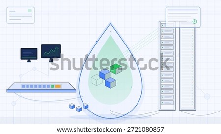 Two computer screens show data analysis. A digital droplet contains blocks representing data. Another section lists storage systems with data management processes.