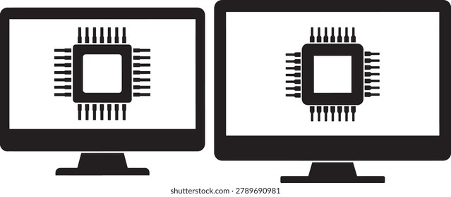 Two computer screens showing central processing unit chip icon. Technology concept, modern digital hardware. Black silhouette on white background, vector.