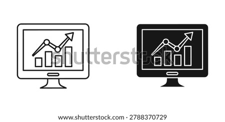 Two computer screens side by side displaying upward trending bar and line charts with an upward-pointing arrow, representing business growth and success.