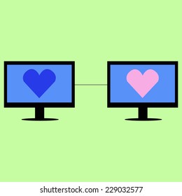 Two computers  with hearts connected. Virtual love in flat style