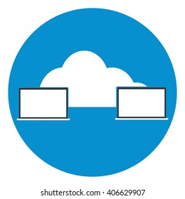 Two computers laptop connected cloud icon. Vector illustration cloud computing technology world connectivity concept.