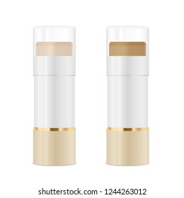 Two concealers. Highlighter and contouring tubes. Gold and white colors. Ready for design. Vector