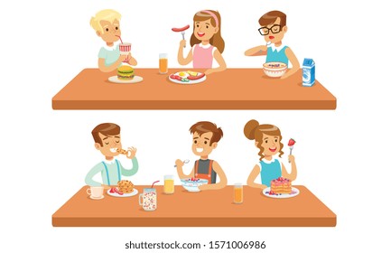 Two Conceptions Of Children Feeding, Healthy Meals And Fastfood Vector Illustration Cartoon Character