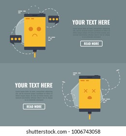 Two concepts of phone does not understand. smartphones with sad emotions. Vector illustration in flat style