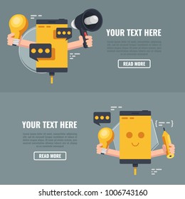 Two conceptual banners of phone marketing.Smartphone character.Vector illustration in flat style