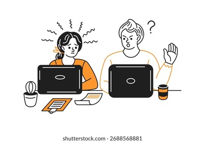 Duas pessoas preocupadas trabalhando em laptops em um ambiente de escritório. Paleta de cores preto e laranja. Ilustração projetada para representar cenários de trabalho em equipe ou de solução de problemas.