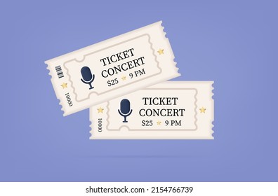 Two Concert Tickets 3d. A Paper Pass To Enter A Park, Club, Cinema, Theater, Attraction, Party Or Show. Access To View An Entertainment Event Or Event. Leisure Concept, Tickets With A Barcode. Vector
