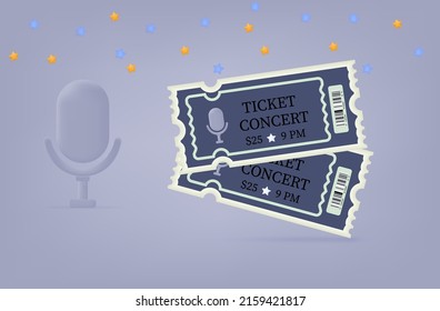 Two Concert Tickets 3d. A Paper Pass To Enter A Park, Club, Cinema, Theater, Party Or Show. Access To View An Entertainment Event. Leisure Concept, Tickets With A Barcode And Microphone. Vector