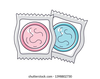 Two condom package isolated, pink and blue.