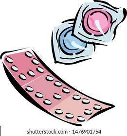Two condoms and pills isolated on a white background.