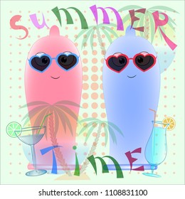 two condoms summer time poster vector cartoon illustration. two condoms on the beach cartoon vector illustration. 
hello summer vector illustration. palm trees and sea cartoon vector illustration.