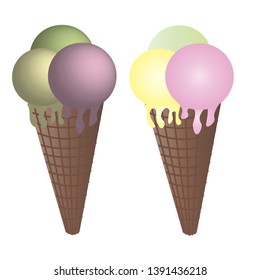 Two cones with colored balloons of ice cream on a white background.
