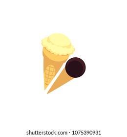 Two cones with ice cream balls - vanilla and chocolate isolated on white background. Summer cold sweet dessert in waffle horn in cartoon style. Vector illustration.