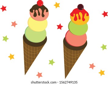 two cones of ice cream with different colors. three scoops in one cone. with chocolate and cherry on top. and a lot of colorful stars.