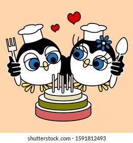 Two Confectioner Penguins A Boy And A Girl Baked A Cake And Stand Near It, Holding A Spoon And A Fork In Their Hands On A Pink Isolated Background With Hearts