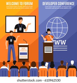 Two conference hall interior vertical banner set with welcome to forum and developer conference descriptions vector illustration