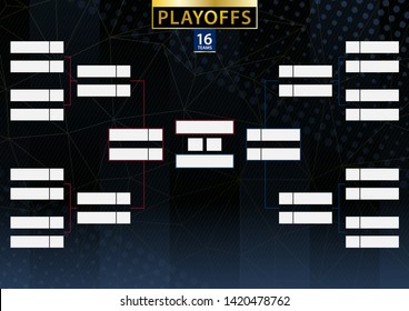 Two conference tournament bracket for 16 team or player on dark background. Playoffs vector schedule.