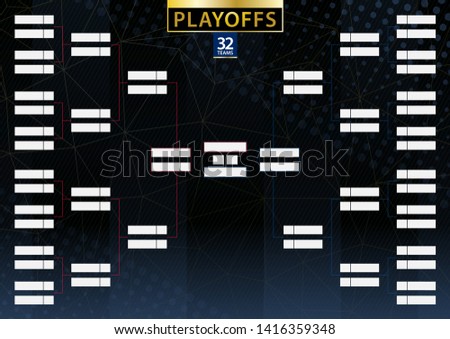 Two conference tournament bracket for 32 team or player on dark background. Playoffs vector schedule.