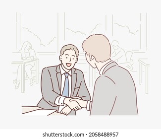 Two confident business man shaking hands during a meeting in the office, success, dealing, greeting. Hand drawn style vector design illustrations.