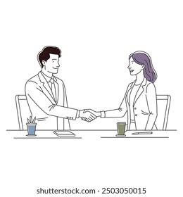 Two confident business man and woman shaking hands during a meeting in the office doodle continuous line art vector illustration.