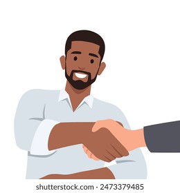 Two confident diverse business man shaking hands during a meeting in the office. Flat vector illustration isolated on white background