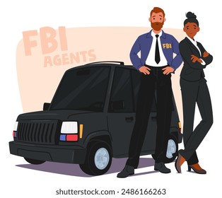 Zwei selbstbewusste FBI-Agenten-Charaktere, die mit einem Streifenwagen stehen. Vektorillustration zeigt Strafverfolgung, Teamwork und Professionalität. Geeignet für Detektiv-, Ermittlungs- und Verbrechensthemen