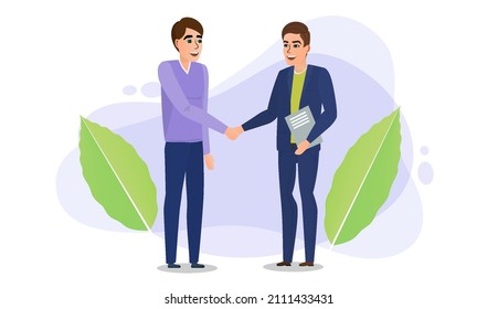 Two confident young men shake hands in the office. Office people are working business partners. Concept Modern flat vector illustration.