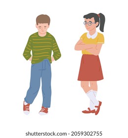 Two confused unhappy kids communicating and discussing problematic situation, flat vector illustration isolated on white background. Teens communicative problems.