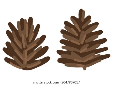 Two conifer cone. Colored cartoon doodle of winter attributes. Hand drawn vector illustration. Simple drawings isolated on white. Elements for Christmas design, print, sticker, card, decor, wrap.
