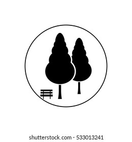 Two conifer trees and a bench in a circle vector icon 