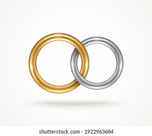 Two connected engagement rings isolated on white background. Vector illustration. Silver or titanium and gold jewelry icon for married couple, wedding symbol for save the date invitation card.