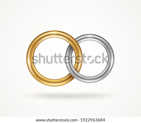 Two connected engagement rings isolated on white background. Vector illustration. Silver or titanium and gold jewelry icon for married couple, wedding symbol for save the date invitation card.