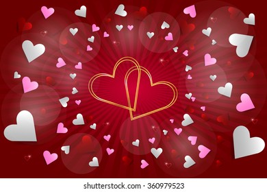 Two connected golden hearts are in the middle of the vector. It is surrounded by a number of red, white and pink hearts. Everything is on a red background with rays of light in the center