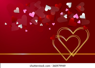 Two connected golden hearts are in the right side of the vector above two golden links. Many pink and red hearts are above them. All is on a red background with light in the upper left corner.