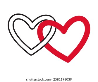 Two connected hearts doodle style Hand drawn trendy flat style love isolated icon Romantic symbol of love for web graphic design poster tattoo Valentines Day Greeting card line art Vector illustration