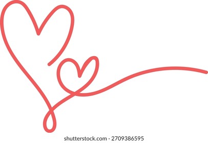Dos corazones conectados dibujados como una sola línea continua en estilo de contorno limpio. Las Formas enlazadas forman un contorno fluido con trazo en bucle y espacio aireado negativo. Ilustración vectorial de dibujos animados