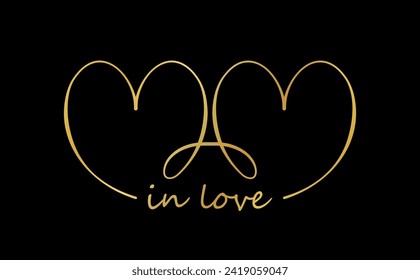 Two connected hearts from one golden line. Romantic elegant linear love symbol. Isolated heart, design element for logo, identity, icon, other. Vector illustration, line art.