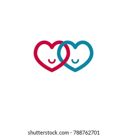 Two connected hearts smiley. Icon love, wedding, relationship. Logos family therapy. Vector illustration