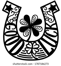 Two connected Horseshoes Lucky symbol with clover. Vector illustration of st Patricks day clipart isolated on white for design. Good Luck Horseshoe