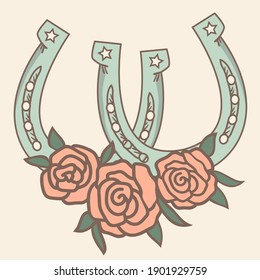 Two connected Horseshoes. Lucky symbol with Horseshoes and floral decoration. Vector illustration of Lucky st Patricks day clipart isolated for design