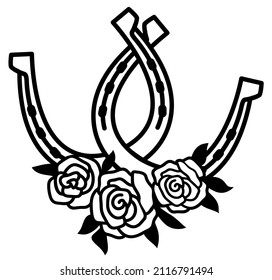 Two connected Horseshoes. Lucky symbol with Horseshoes and roses floral decoration. Vector illustration clipart isolated on white for design