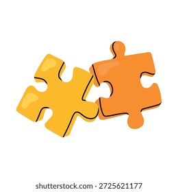 Zwei miteinander verbundene Puzzleteile in gelben und orangefarbenen Farben. Einfache Cartoon-Vektorgrafik, die Verbindung, Teamarbeit, Problemlösung und Partnerschaft symbolisiert, einzeln auf weißem Hintergrund.