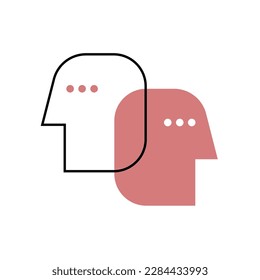 Two connected line profiles of people, abstract minimal logo. Psychology, interaction, communication linear icon