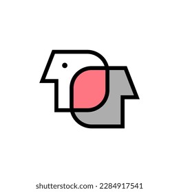 Two connected line profiles of people, abstract minimal logo. Psychology, interaction, communication linear icon