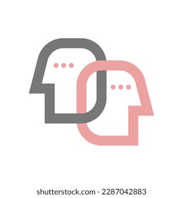 Two connected line profiles of people, abstract minimal logo. Psychology, interaction, communication linear icon